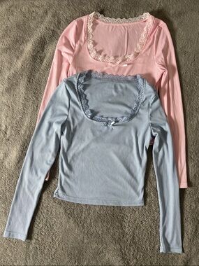 Cider Lace-Trim Scoop Neck Long Sleeve Top - Pink & Light Blue